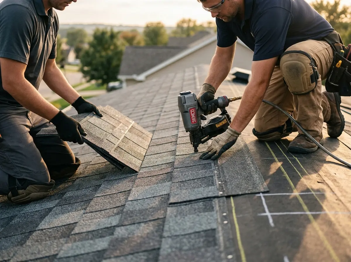 Professional roofer working on a residential roof in East Bay